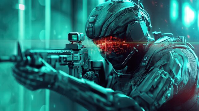 A futuristic soldier equipped with advanced technology aiming a weapon in a teal light setting