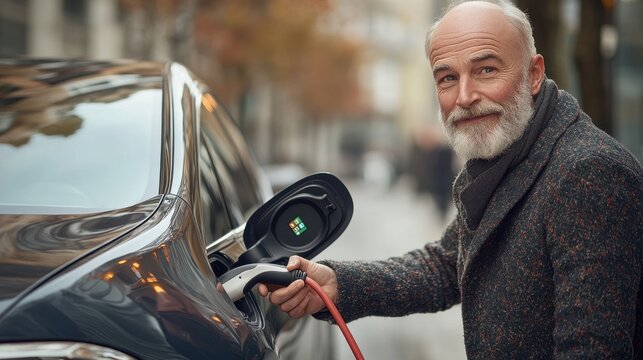 Senior man charging his electric car on a city street.  A happy expression on his face shows satisfaction.