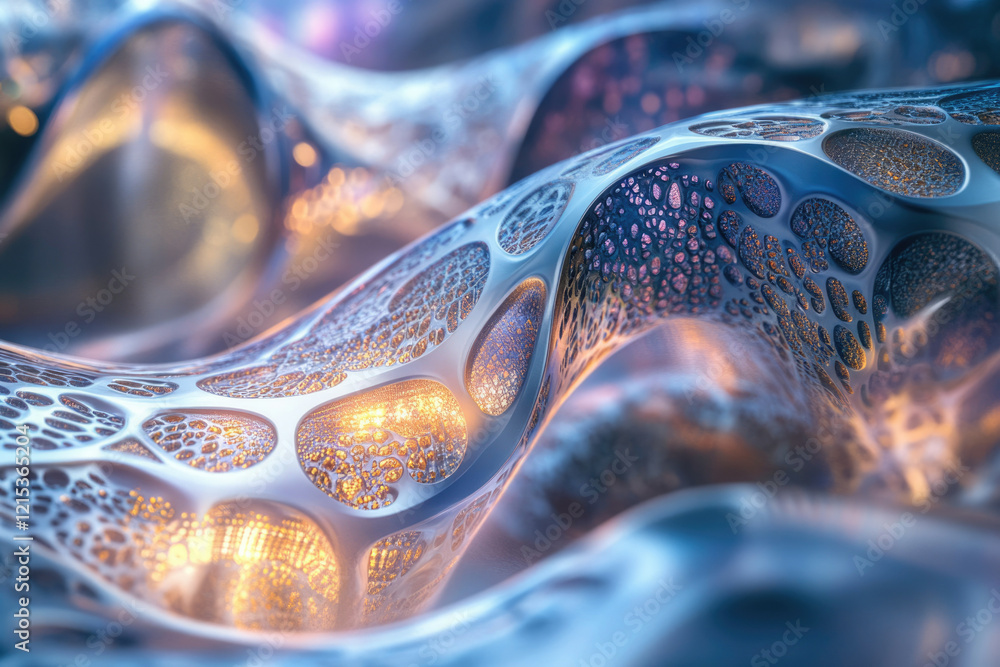 Poster abstract 3d render of a flowing, metallic structure with intricate, porous design and warm inner glo