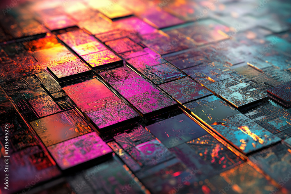 Poster Abstract image of colorful, textured rectangular blocks, resembling a futuristic circuit board or microchip.