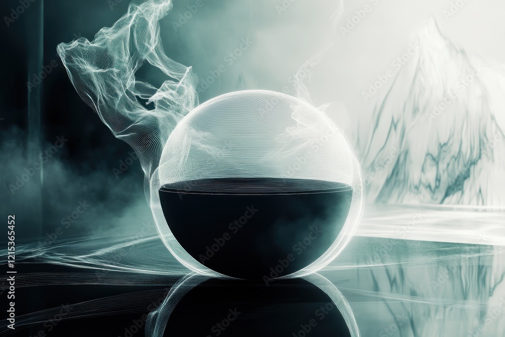 Poster modern abstract art showcases a spherical shape emitted with ethereal smoke in a misty setting