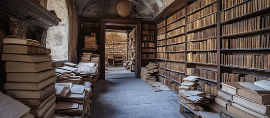 Ancient library hallway, overflowing books, stone walls, arched ceiling, education