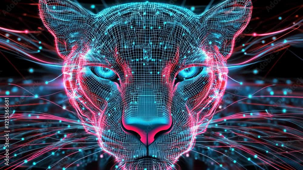 Poster Digital artwork showcasing a neon blue and pink panther with a grid-like pattern against a dark background, creating an electrifying visual effect