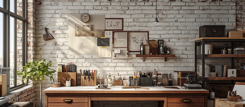 Sunny artist's loft workspace; brick wall, tools, storage