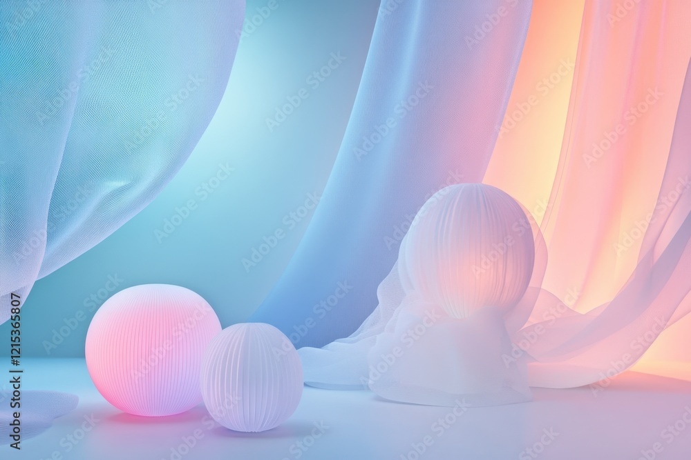 Poster softly glowing spheres and draped fabric create a serene and artistic display