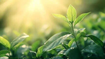 Sunrise illuminates vibrant tea leaves in a lush plantation; ideal for beverage packaging or nature articles