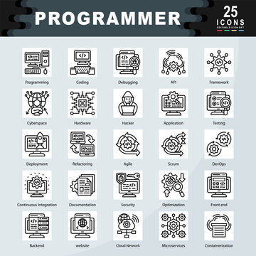 Programmer icon set containing Programming, Coding, Debugging, API, Framework, Cyberspace, Hardware, Hacker, Application, Testing icon. Simple line vector