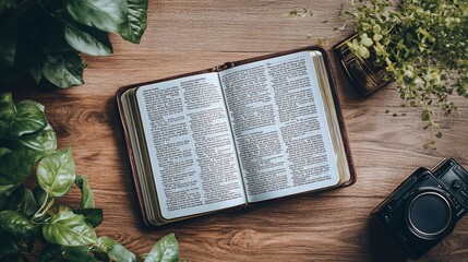 Open Bible, plants, camera, wood desk, study