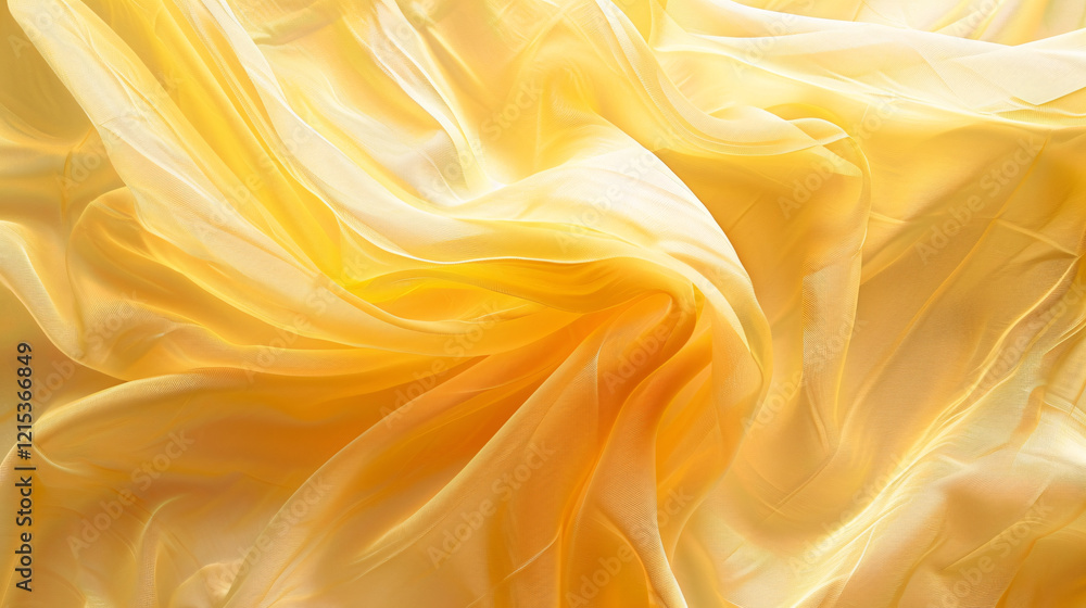 Poster flowing golden yellow chiffon fabric creates a beautiful abstract background with soft waves and tra