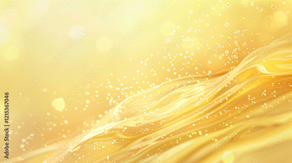 Poster golden liquid flowing in abstract waves with bubbles on a vibrant yellow backdrop