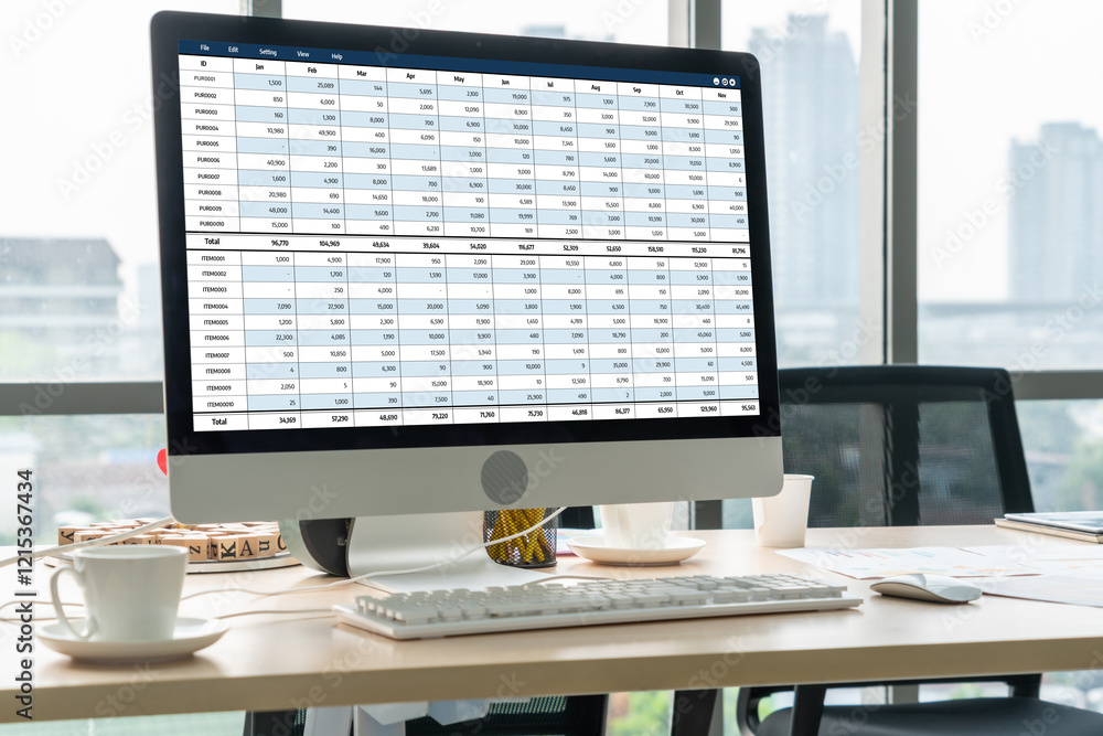 Poster accounting software on computer screen showing financial statement spreadsheets and account balance 