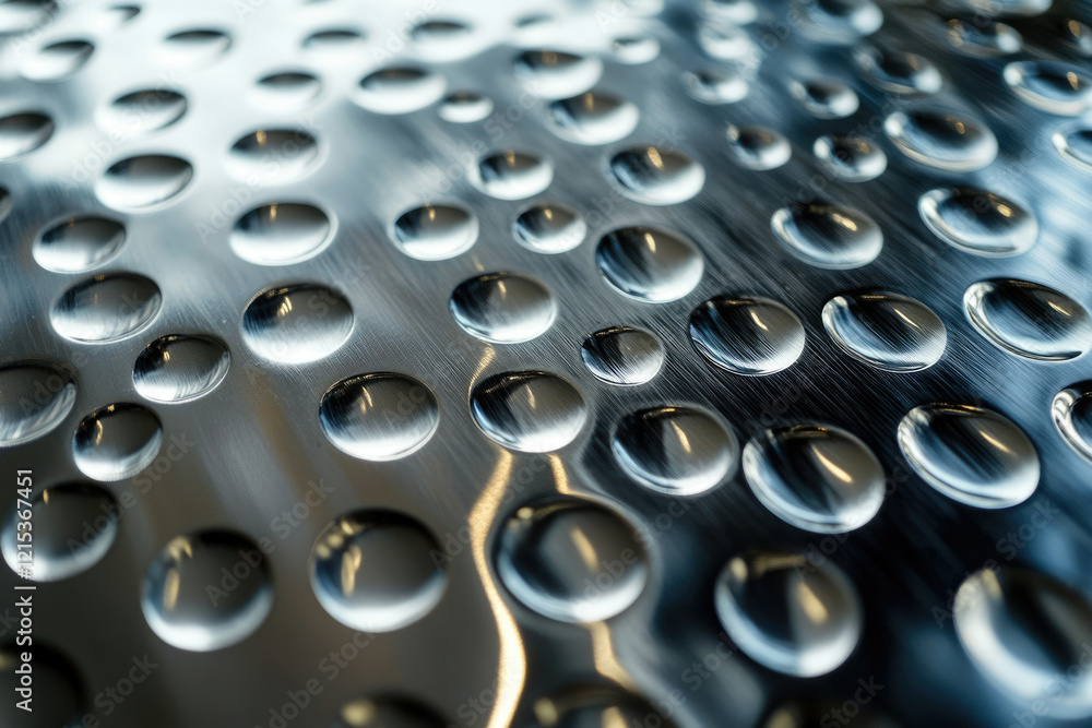 Poster Close-up of a metallic surface with a repeating pattern of embossed circular dimples reflecting light.