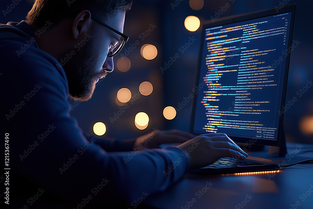 Poster programmer working late at night surrounded by glowing screens with code