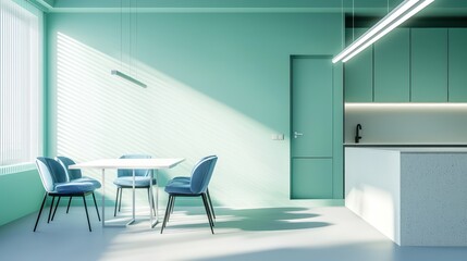 A minimalist kitchen with cool mint green walls