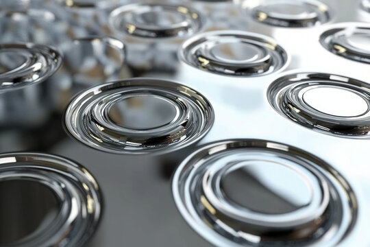 Close-up view of numerous glossy, circular, metallic indentations, possibly lens array.