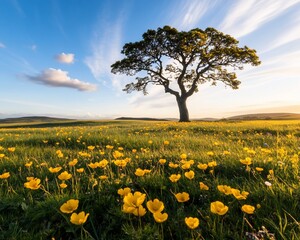 Lone tree in spring meadow sunset.