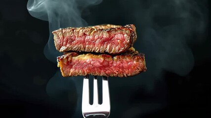 Perfect Medium Rare Top Sirloin Steak Slices. Grilled hot steamed with smoke beef steak with spices on a black background. Beef steak two pieces on a fork. Steak Bite. Concept of gourmet high end food