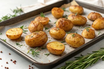 Freshly roasted potatoes in a baking sheet, kitchen essentials, potato dish