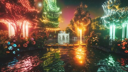 Illuminated Garden Waterfall Night Scene With Colorful Trees