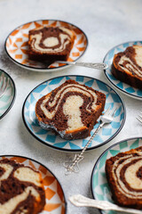 Homemade traditional marble pound cake.