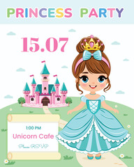 Invitation for Happy Birthday party. Cute princess stands in front of a fairytale castle. Template, Poster, Banner, Flyer, Greeting Card. Vector illustration in flat cartoon style.