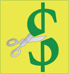 Print,  Sign, dollar, falling, green, scissors, cut, bearish, leaflet, poster, market, currency, cryptocurrency, vector, illustration, decrease, inflation, abstraction