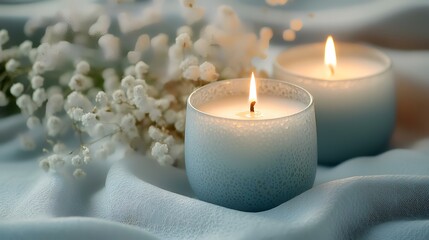 Serene blue candles burning softly on a light blue fabric with white flowers, creating a calm and relaxing atmosphere perfect for spa or wellness marketing