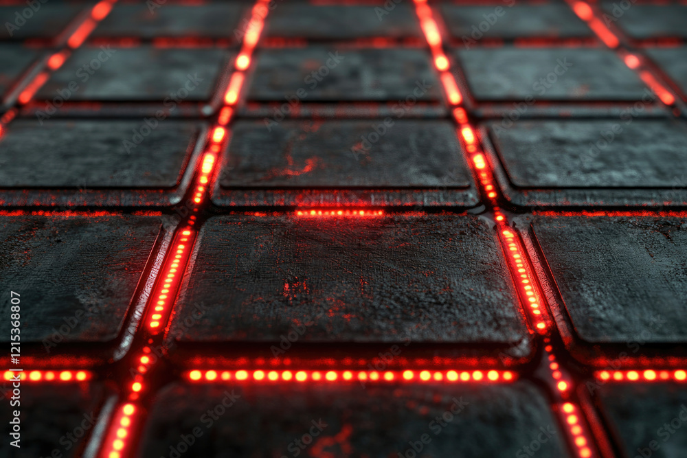 Poster Dark metallic grid floor with red LED lights, futuristic and technological texture.