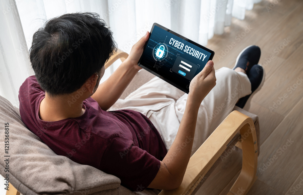 Poster cyber security system on computer screen protect private information snugly from hacker and cyber at
