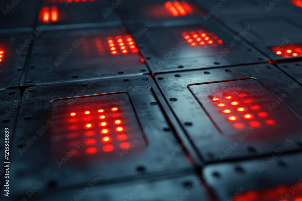 Poster a futuristic metallic surface with glowing red led arrays, suggesting advanced technology or a contr