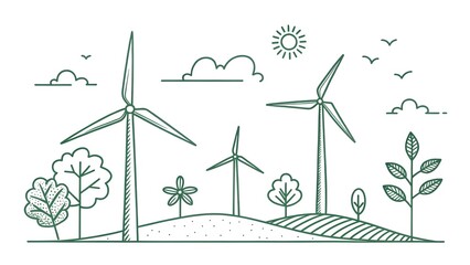 A minimalist line art illustration showcasing wind turbines generating clean energy in a rural landscape. 