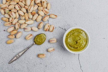 Delicious homemade pistachio paste or cream,spread with pistachios.