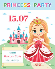 Invitation for Happy Birthday party. Cute princess stands in front of a fairytale castle. Template, Poster, Banner, Flyer, Greeting Card. Vector illustration in flat cartoon style.