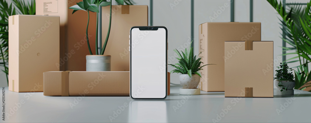 Poster Phone with empty screen resting on table amidst cardboard boxes, representing package delivery app concept