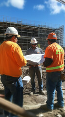 copy space, hispanic construction workers looking at blueprints at construction site, wearing safety clothing and hardhat, faces visible. Latin engineer, worker on construction site, building.