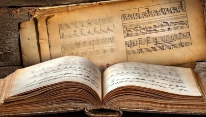 Fototapeta premium antique sheet music vintage notes book open pages aged paper rustic background musical heritage classical composition nostalgic harmony retro design historical texture warm tones learn play banner ad