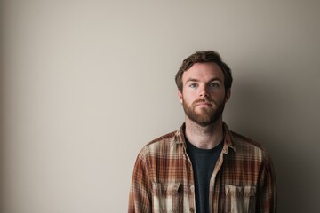 Fototapeta premium Portrait of a Thoughtful Young Man in Casual Attire Against a Neutral Background
