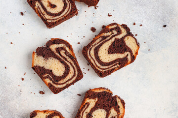 Homemade traditional marble pound cake.
