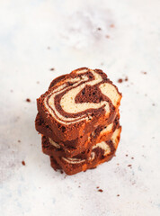 Homemade traditional marble pound cake.