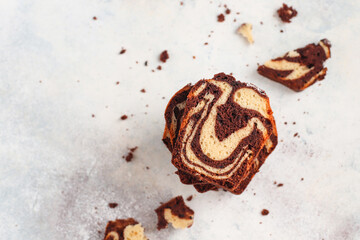 Homemade traditional marble pound cake.