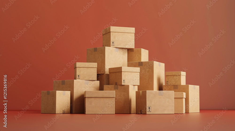 Poster pile of cardboard boxes is resting on a red surface, awaiting shipment or storage
