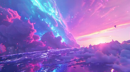 Dreamlike Pastel Sky Cityscape with Neon Clouds