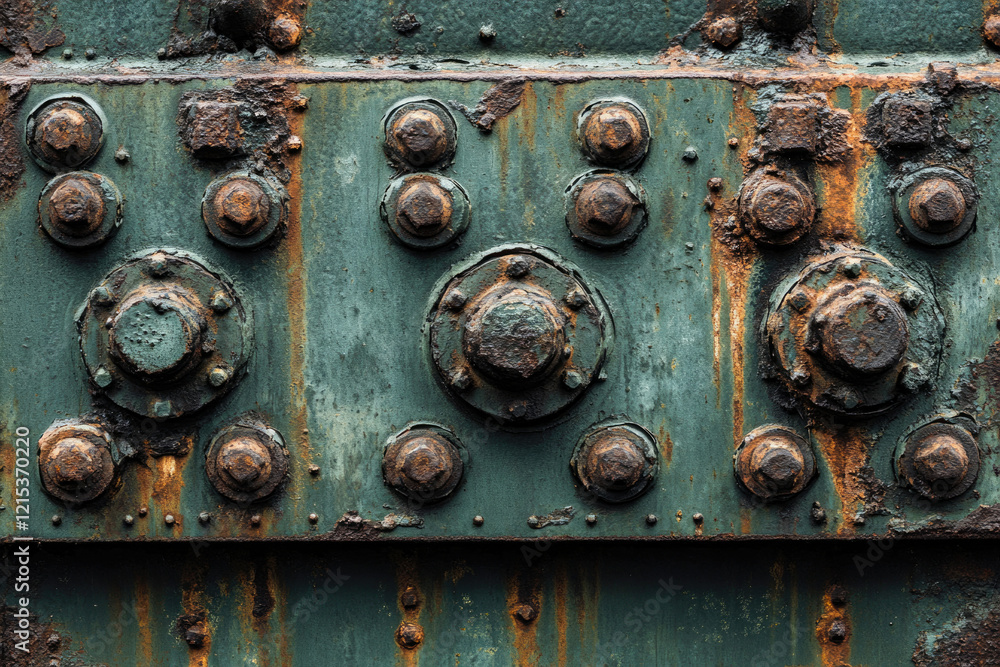 Poster rusty metal texture with bolts and nuts, showing age and weathering.