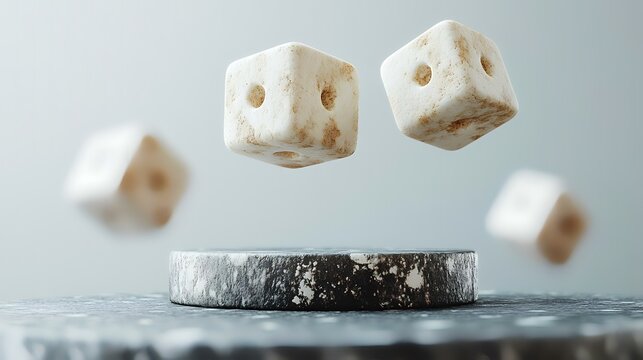 Floating dice on stone platform, chance concept, minimalist studio background, gambling illustration