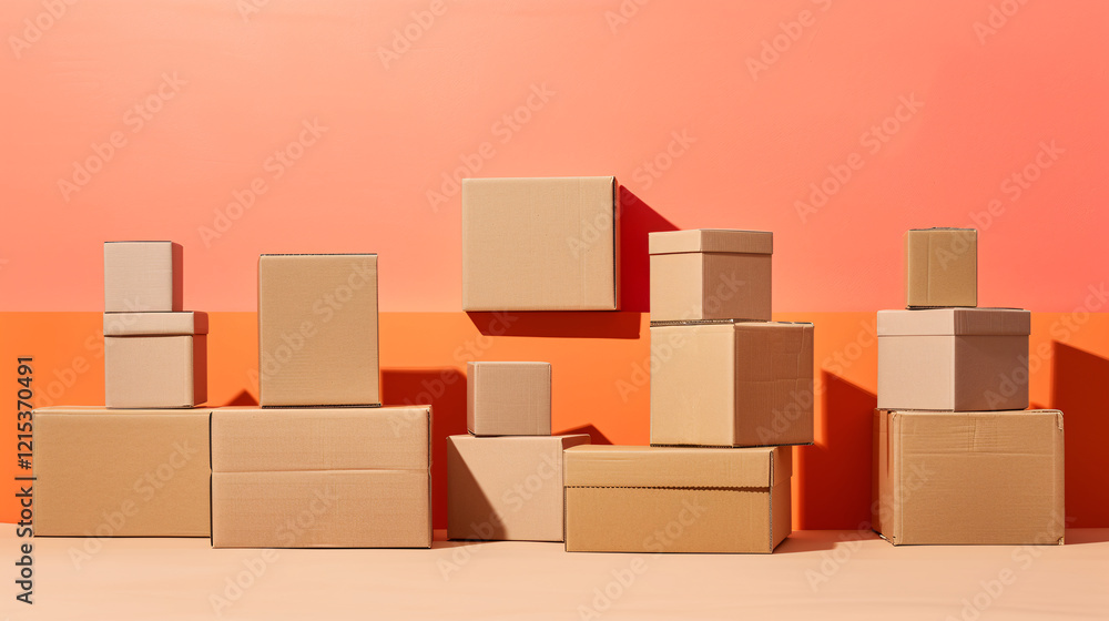 Aufkleber various sizes of cardboard boxes stacked in front of a vibrant background