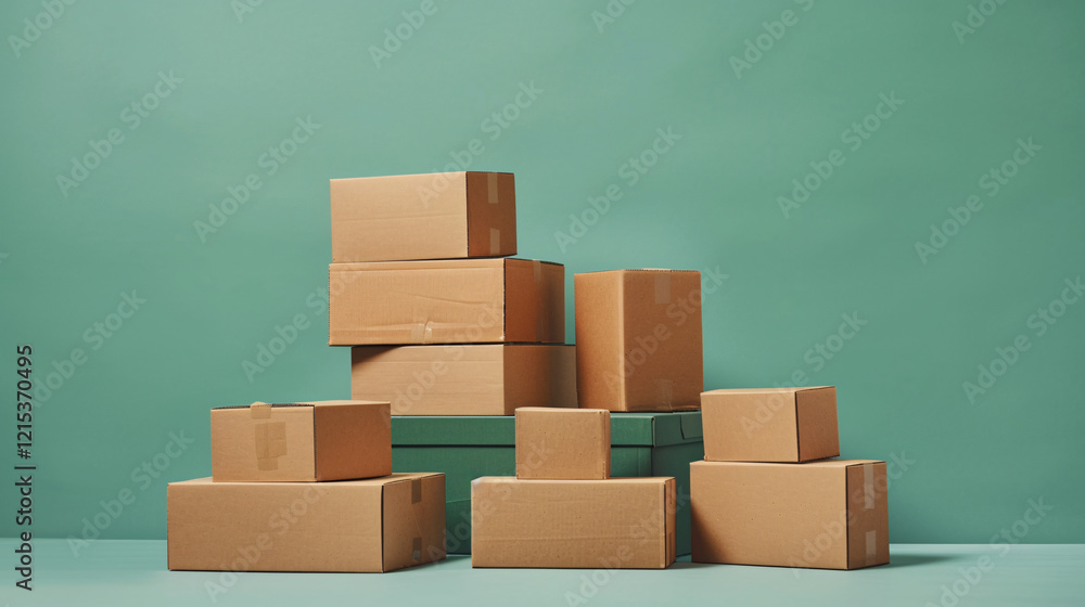 Aufkleber Stack of multiple cardboard boxes in front of a green wall