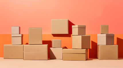 Obraz premium Various sizes of cardboard boxes stacked in front of a vibrant background