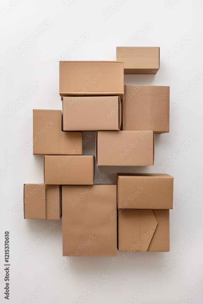Poster assorted cardboard boxes arranged in a haphazard manner on a white background, forming an intriguing