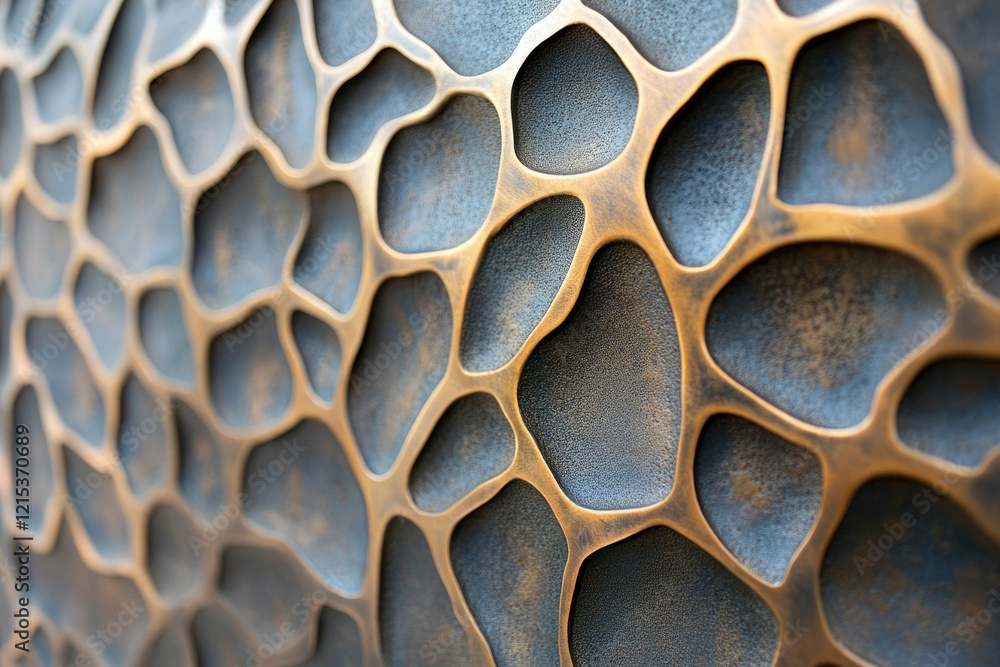 Poster Close-up of an intricately carved bronze surface with an organic, textured pattern resembling a network of cells or a honeycomb structure.