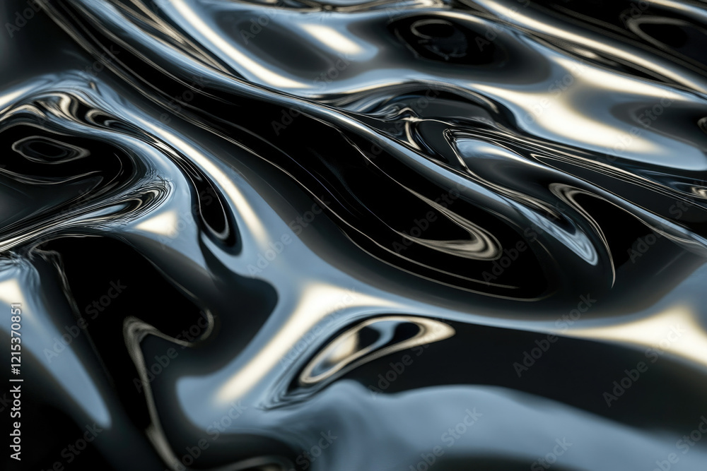 Poster abstract image of flowing, reflective liquid, showcasing dynamic curves and metallic sheen.